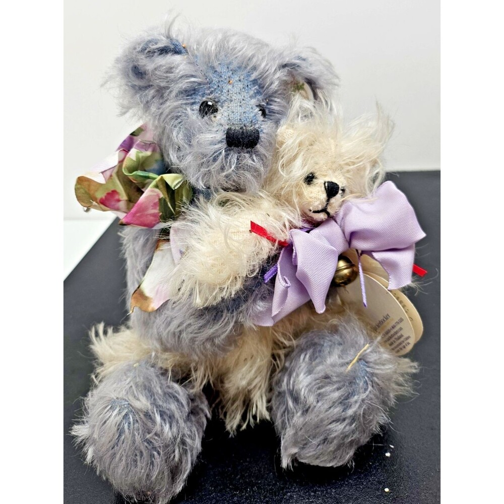 Vtg. Knickerbocker Purple Teddy Bear & White Kitty Cat Mohair Collectible